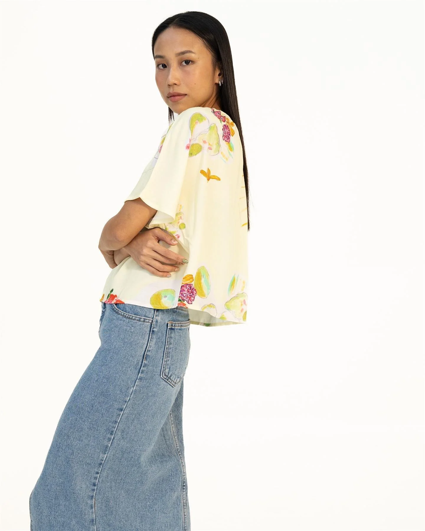 The butter cream coloured Fruits Picnic. π¦πΊππ
The top is made from 100% natural and organic viscose fabric. The top feels smooth, and is designed to keep you cool and comfortable on warm days. 
Features a relaxed fit, short sleeves, and cute fl