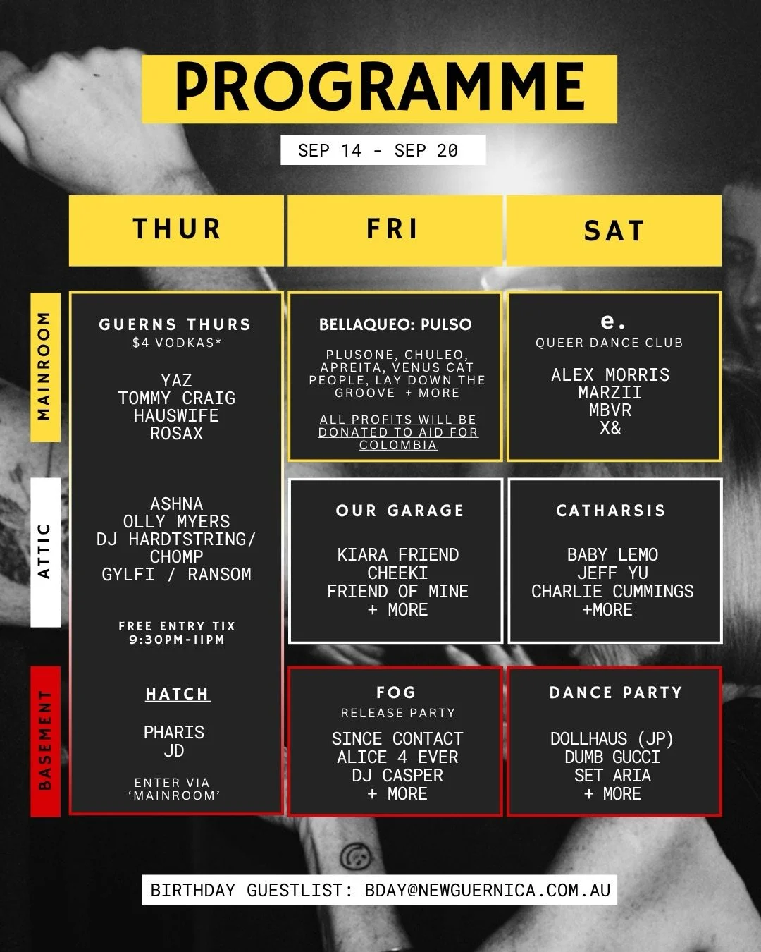 This week: The whole building is accounted for. 

We&rsquo;re hosting 7 events, across 3 levels &amp; 3 nights. 

Swipe , or Jump on our site or linktree to find a sound &amp; space for all appetites. 

Guerns Thurs: 3 Levels , 1 ticket. 
Free entry 