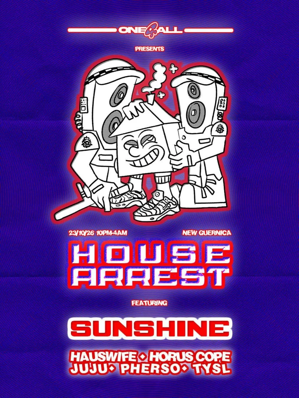 Tonight&rsquo;s One4All court hearing is in the attic, with the Honourable @sunshinethedj. 

@one4allcollective were last seen in the Collingwood basement, Caught bearing too many finger guns. 

Tonight they must pay for their crimes. Court is in ses