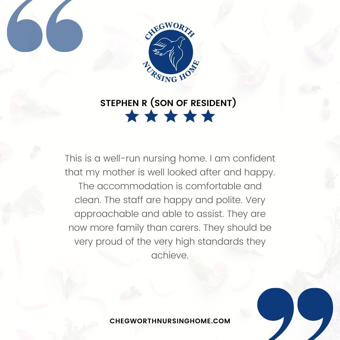 We always appreciate the lovely reviews about our care home, it helps us go above and beyond as we give the best care to your loved ones.

Learn more: www.chegworthnursinghome.com

#ChegworthCareHome #Chegworth #NursingHome #Nursing #ElderlyCare #Car