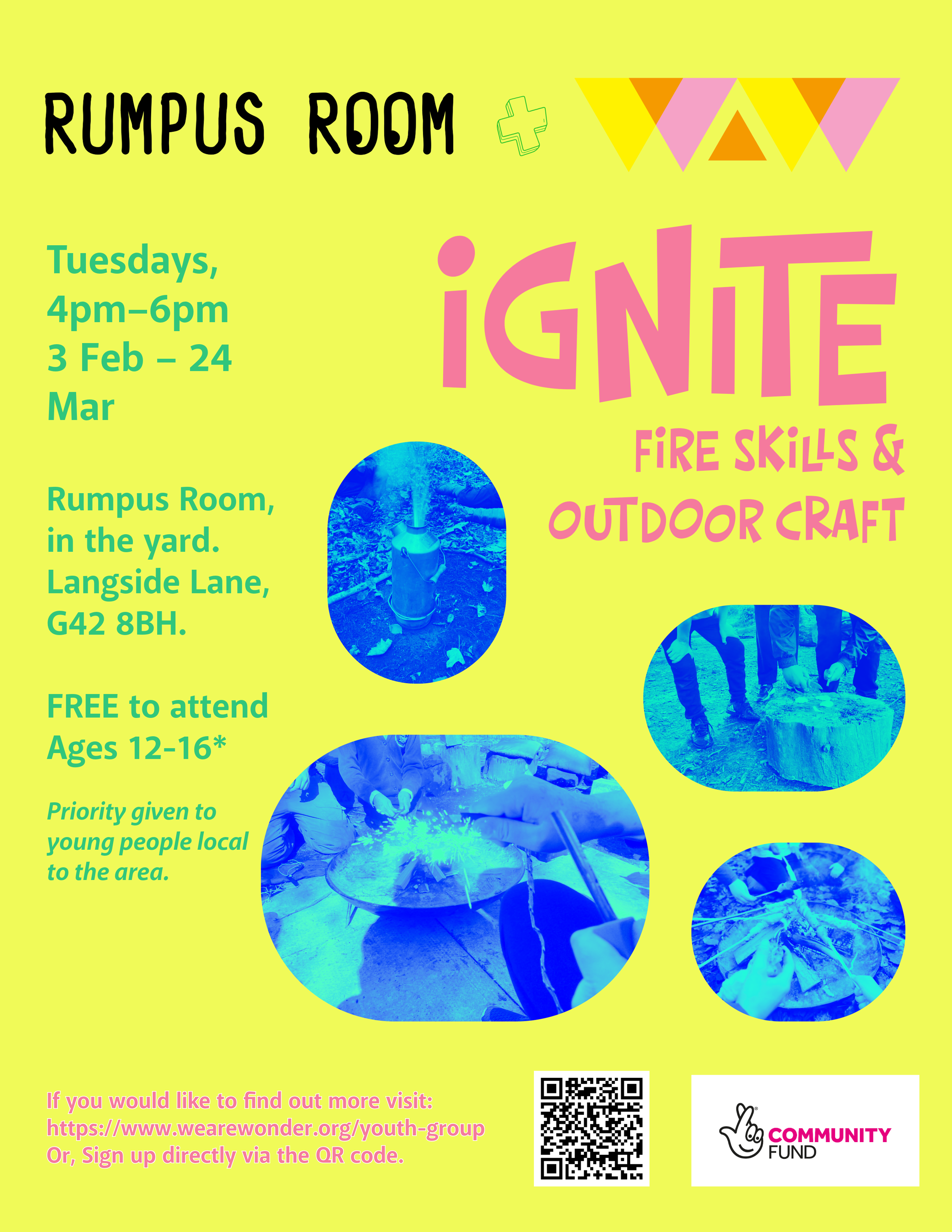 Flyer for Rumpus Room ignite outdoor craft event, featuring photos of kids around a fire pit and making crafts, with event details including date, time, location, and age range.