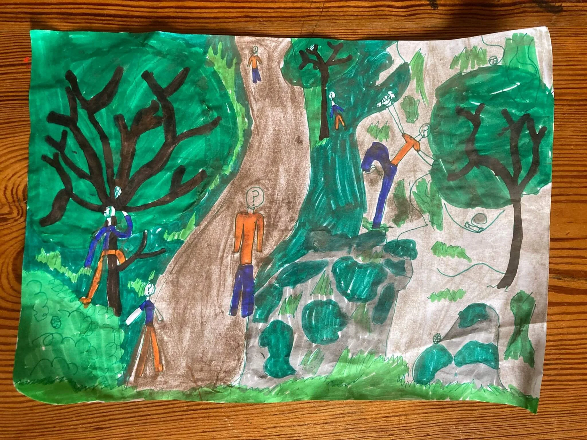 Colorful drawing of children climbing trees and playing outdoors in a forest with a pathway, rocks, grass, and green foliage.