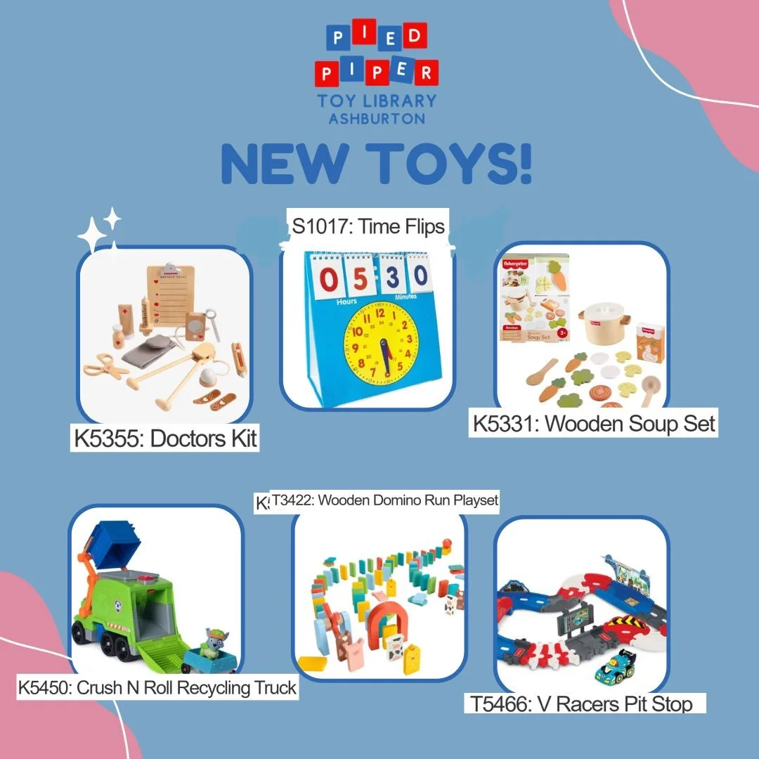 🎉 The school holidays might be over, but the fun is just getting started!

Our shelves are stocked with NEW toys ready to borrow at the Pied Piper Toy Library! 

From beautiful wooden imaginative play sets and dominoes to games that help teach the t