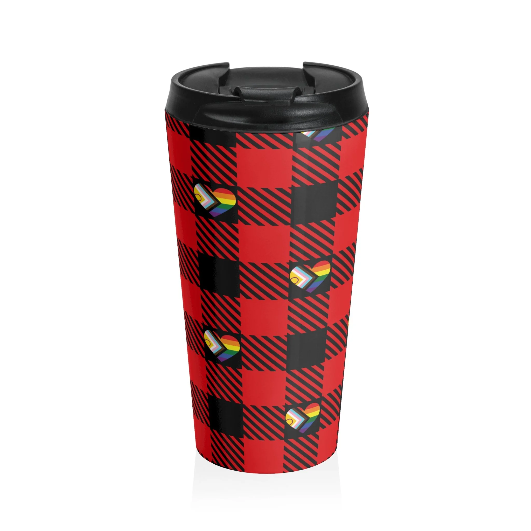 A red-and-black checkered "buffalo plaid" print travel mug with a black lid. The plaid print encircles the mug, with every other black square filled with a heart in the colors of the progress pride flag.