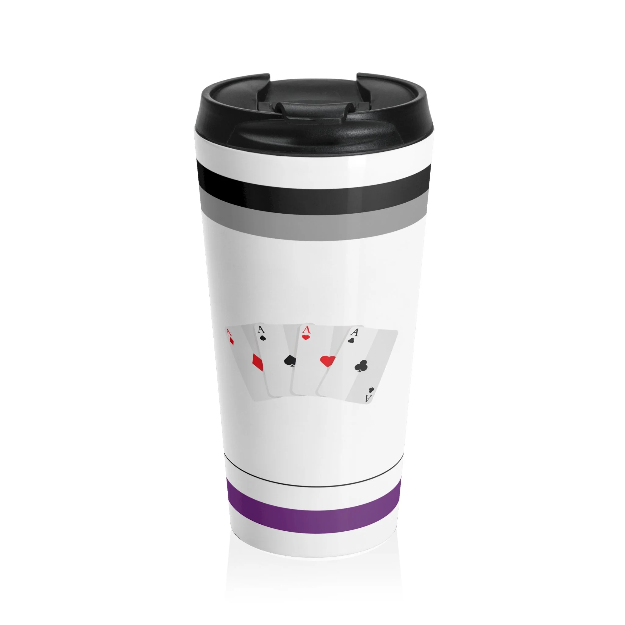 A white travel mug with black lid, with the four "ace" cards from a deck of playing cards fanned in the middle of the mug. A black and gray stripe above, and white and purple stripe below, wrap around the mug.