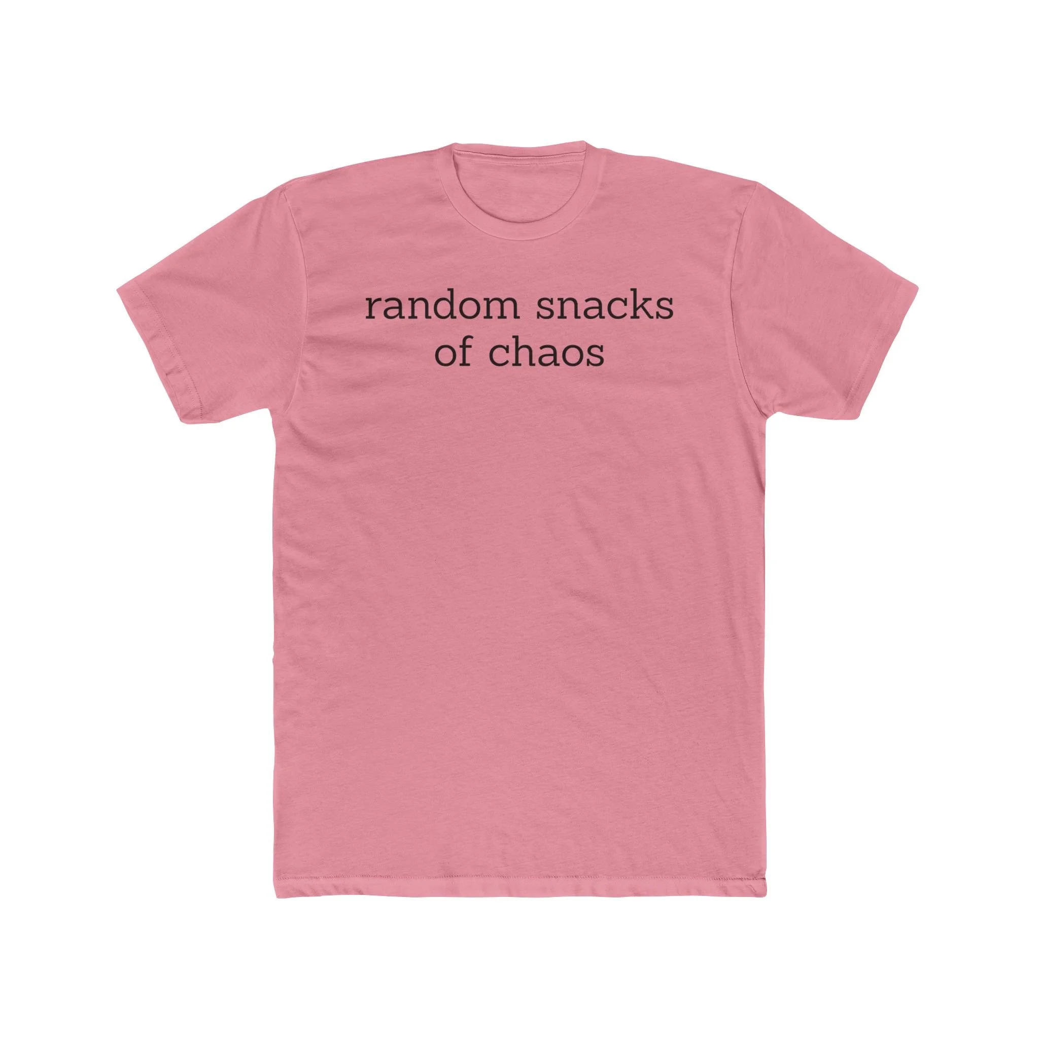 A light pink t-shirt with black text that reads: "random snacks of chaos".