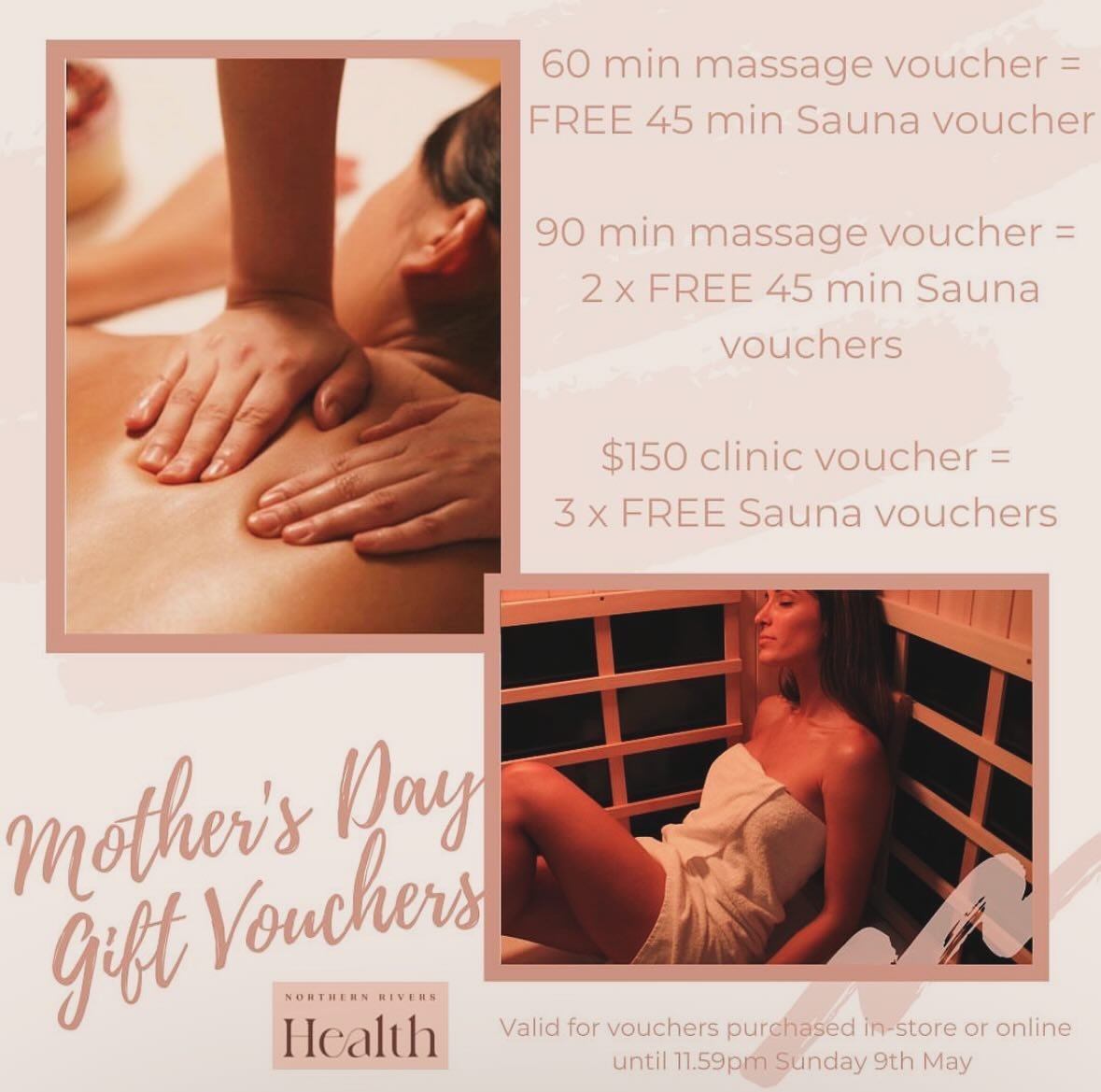The Ultimate Mother&rsquo;s Day Present is here 🙌🏼🤍🌻
For Mother&rsquo;s Day this year we are giving away 45 minute infrared sauna vouchers 🔥🔥 with every massage voucher 💆&zwj;♀️ or $150 clinic voucher purchased. All you have to do is purchase 
