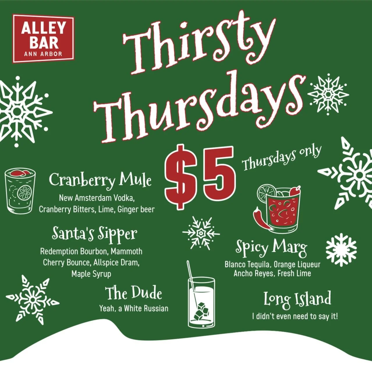 Our Thirsty Thursday menu just got a holiday vibe! 🎄🎁

Enjoy $5 featured holiday cocktails and $5 Well drinks every Thursday during the Holiday Season! 🙌🎁