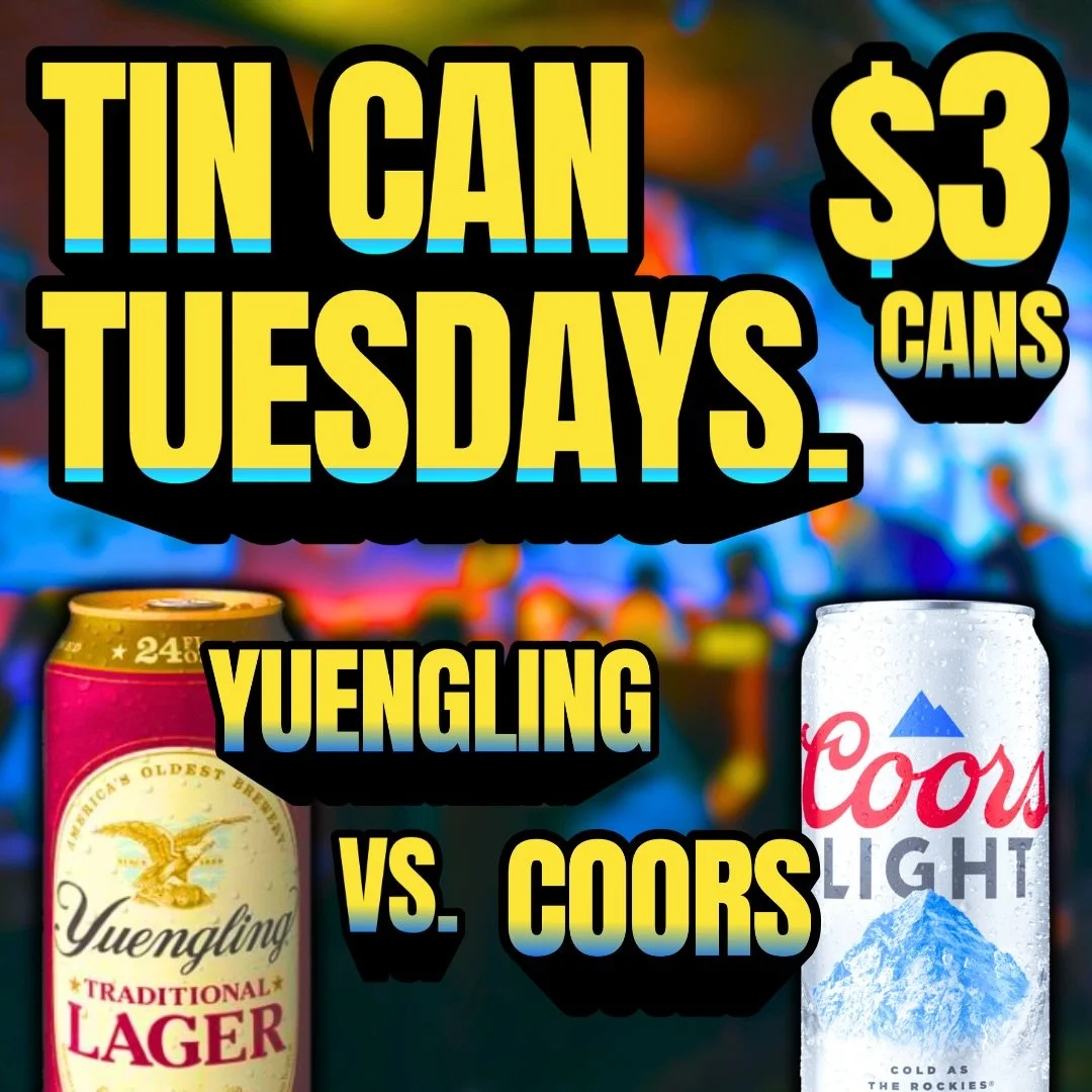 $3 YUENGLING AND $3 COORS CANS THIS TUESDAY 🤝

Every Tuesday, two beer brands will face off to advance in our bracket of beers!! After 5 weeks, the champion beer brand will become our Alley Bar Tin Can Tuesday Flagship Special 🍻

THIS WEEK&rsquo;S 