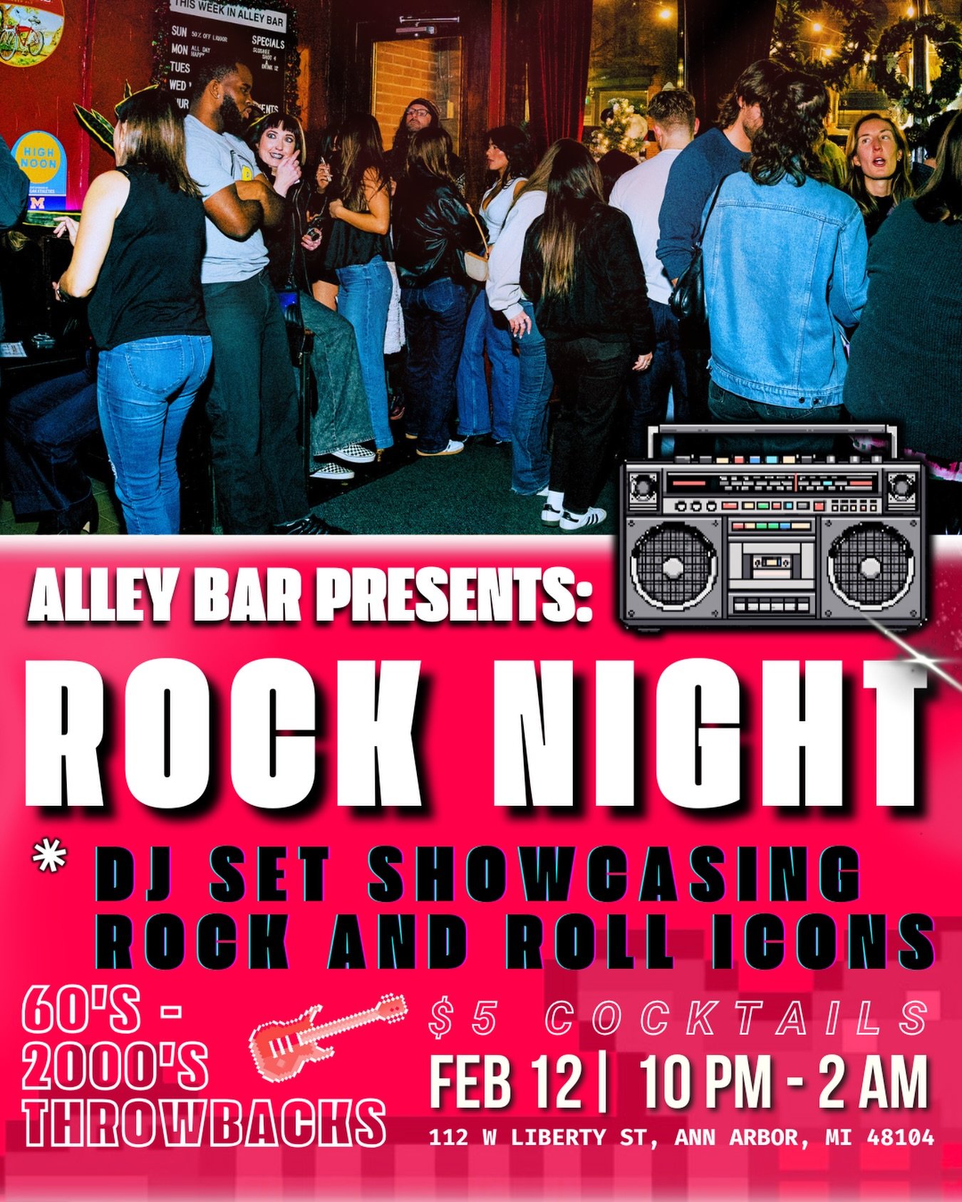 ALLEY BAR ROCK DJ NIGHT 2/12 🎸
DJ SET SHOWCASING ROCK ICONS FROM 60&rsquo;S - 2000&rsquo;S ❤️&zwj;🔥
10PM - 2AM 🎧
