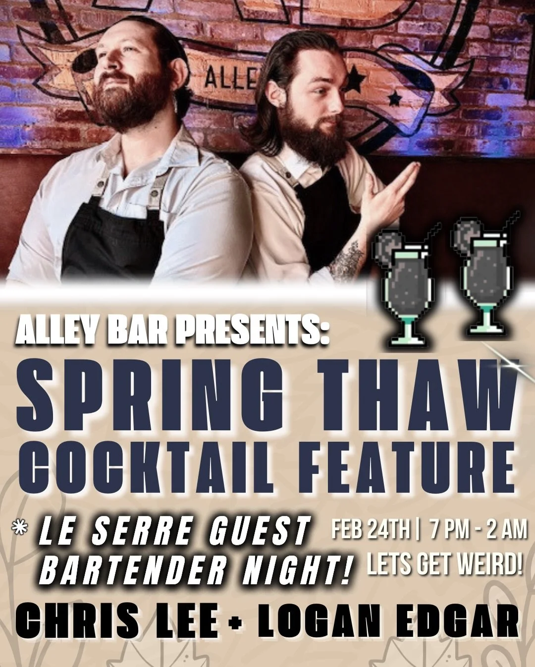 This Tuesday we welcome Chris Lee (left) and Logan Edgar (right) to the Alley Bar Guest Bartender Series! 🍻
Both come from Le Serre in the Vanguard Hotel, and it&rsquo;s about to get weird AF 🤩 As the season starts to change, each of these cocktail