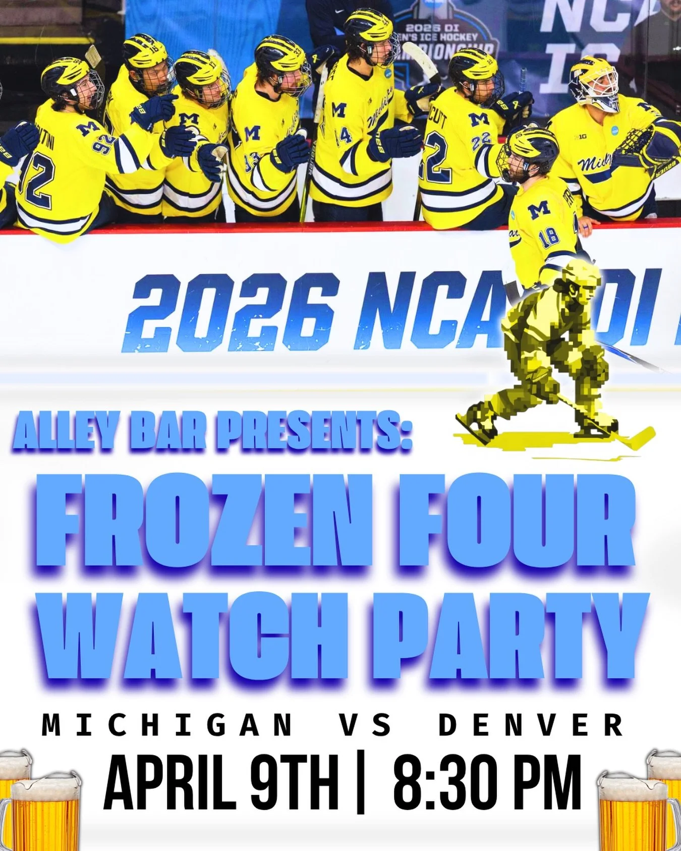 Michigan hockey is heating up! 🤝

Come watch the Frozen Four with us at Alley bar 🏒

Michigan vs. Denver
8:30PM
Thursday, April 9th