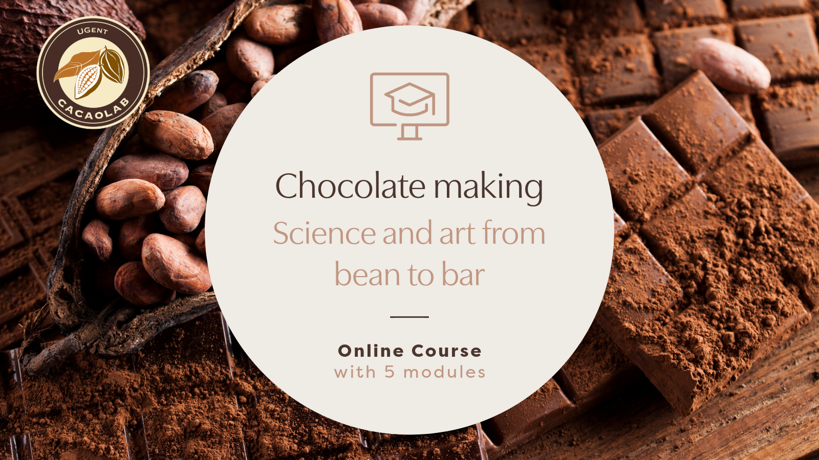 Cacao beans in a pod with chocolate pieces and cocoa powder, featuring a circular label advertising an online course on chocolate making from "bean to bar."