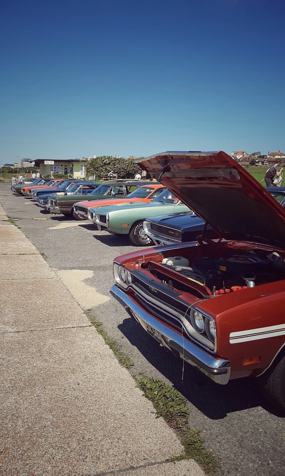 Row of classic cars with open hoods lined up in a parking lot on a clear day.