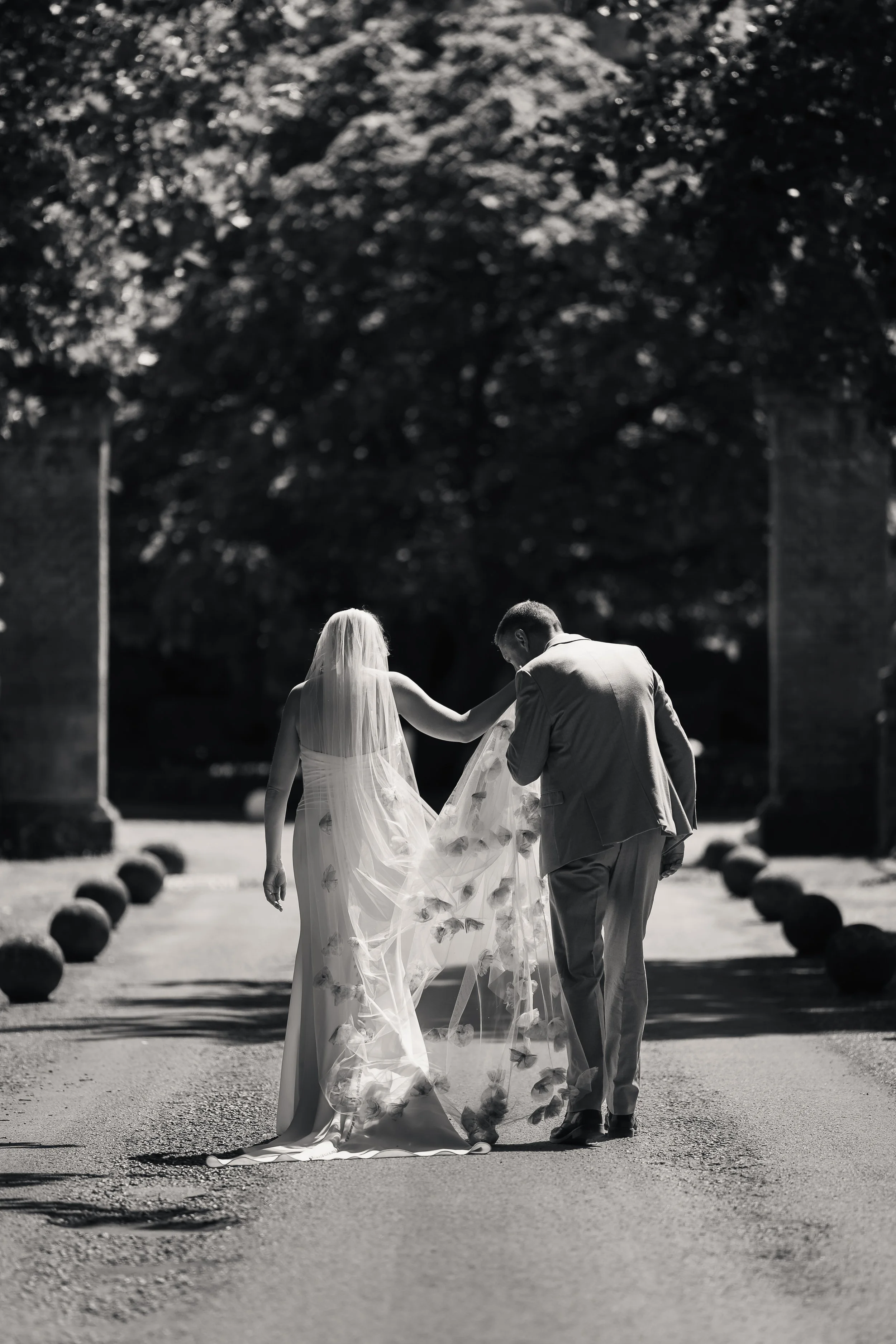 A bride wearing a wedding veil and dress, walking hand in hand with a groom in a suit in an outdoor park setting, with trees in the background and sunlight filtering through.