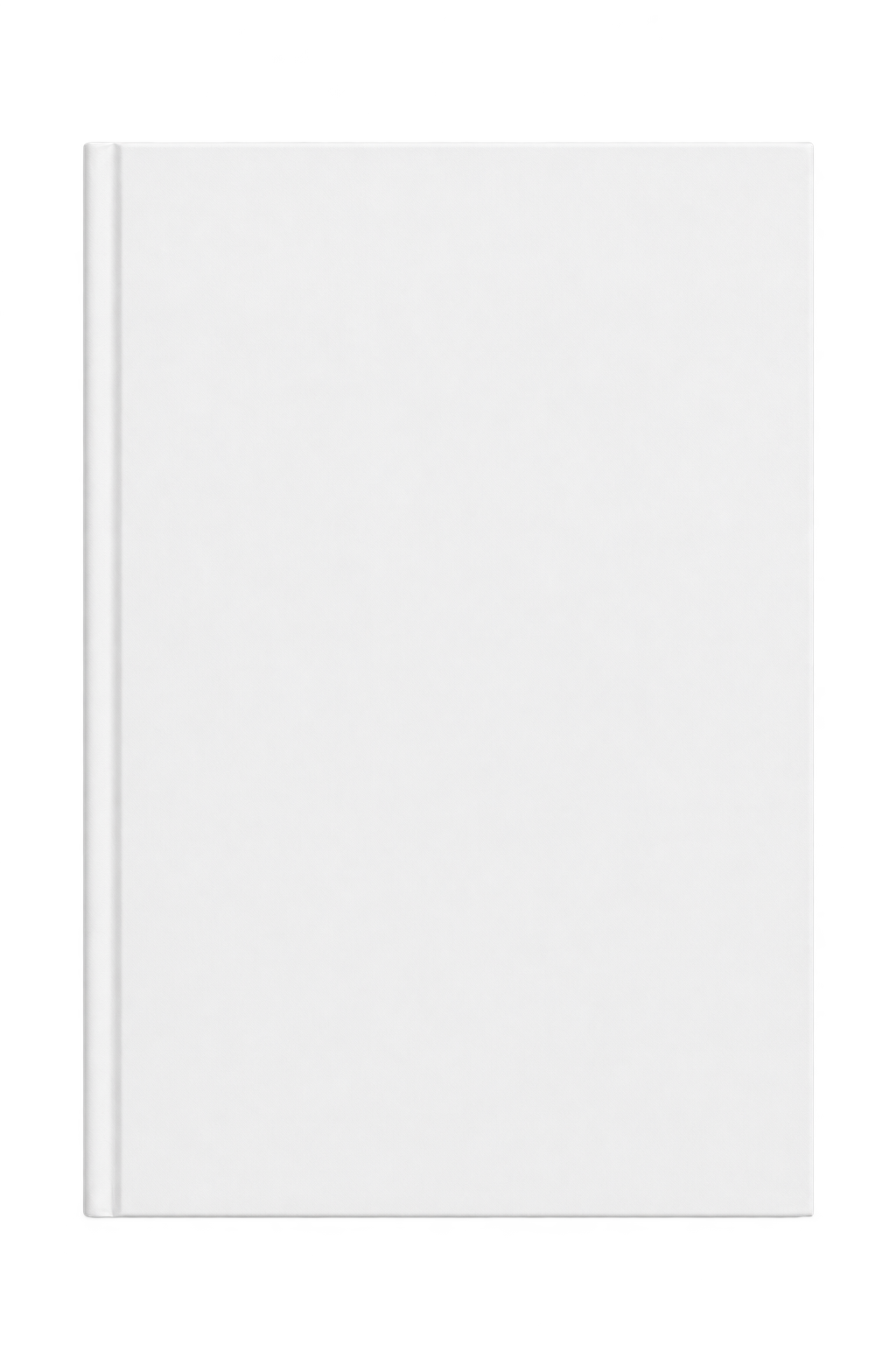 Front view of a closed plain white hardcover notebook or journal with no visible text or design.