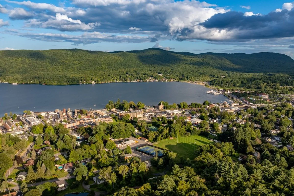 Aerial view of Lake George Village in Summer in the southern Adirondacks.