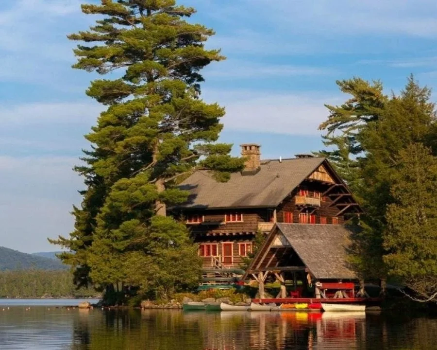 Main lodge and boat house at Great Camp Sagamore in New York State's Adirondack Park.