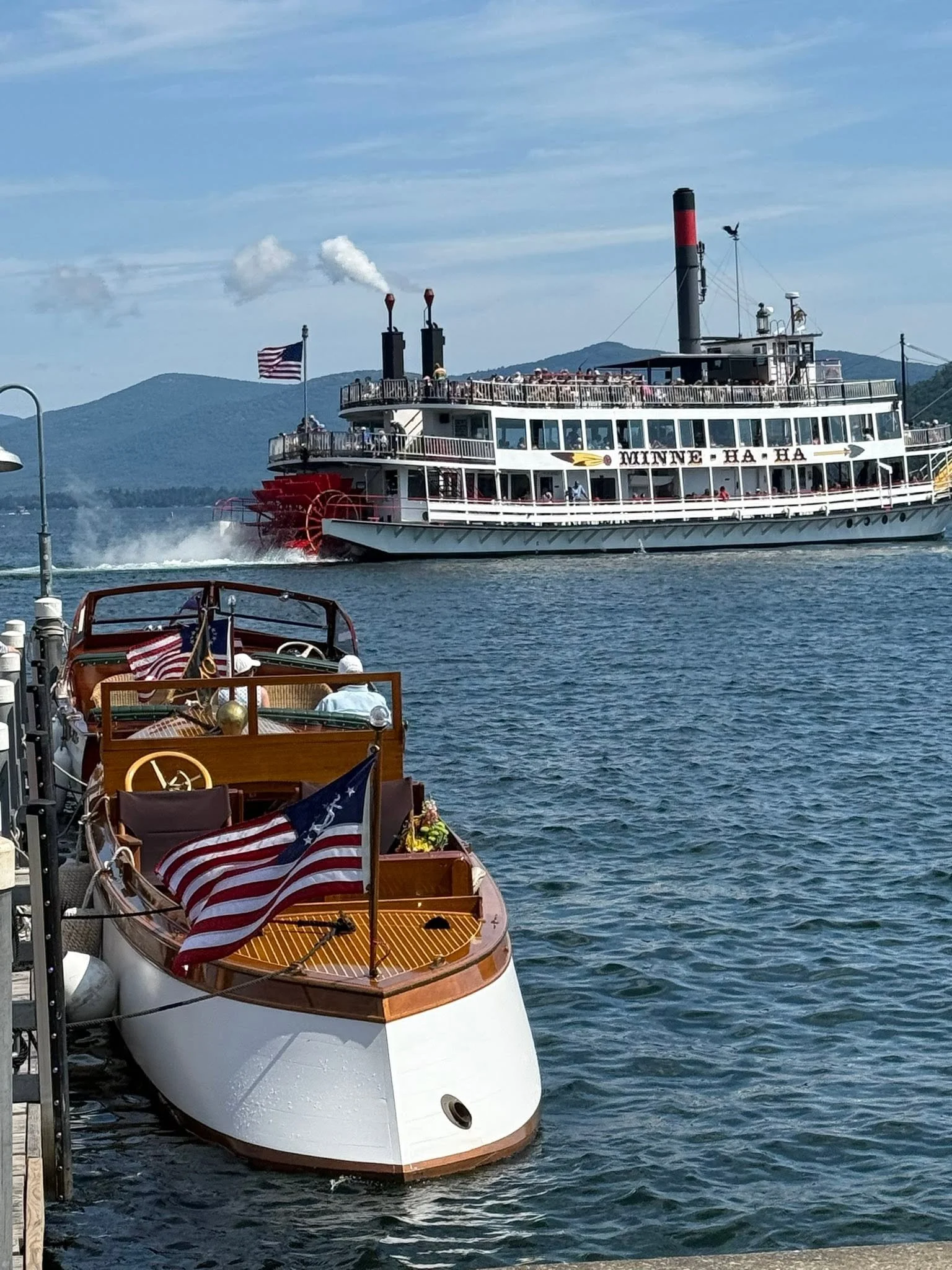 Vintage boat and steamship on Lake George.