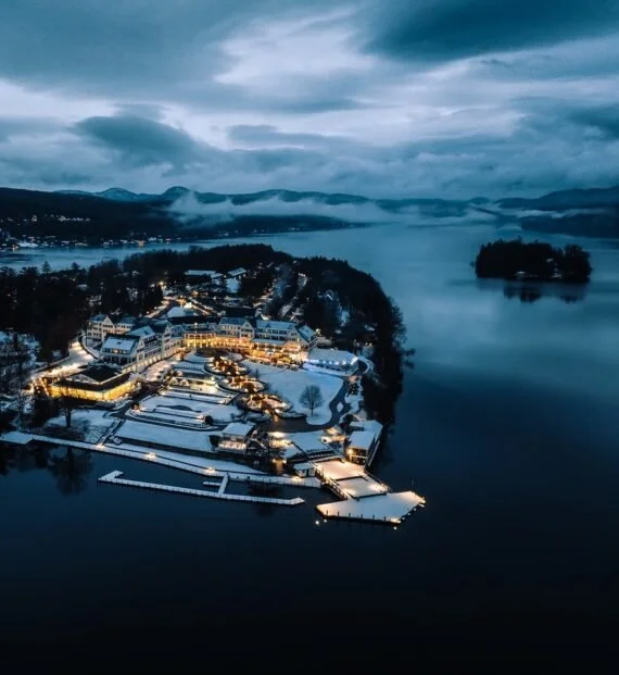 Aerial view of the Sagamore Resort on Lake George in winter.