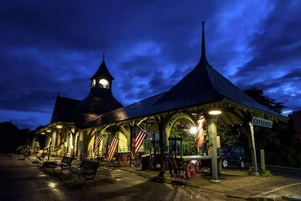 Professional live theatre in Westport, NY, The Depot Theatre, at night.