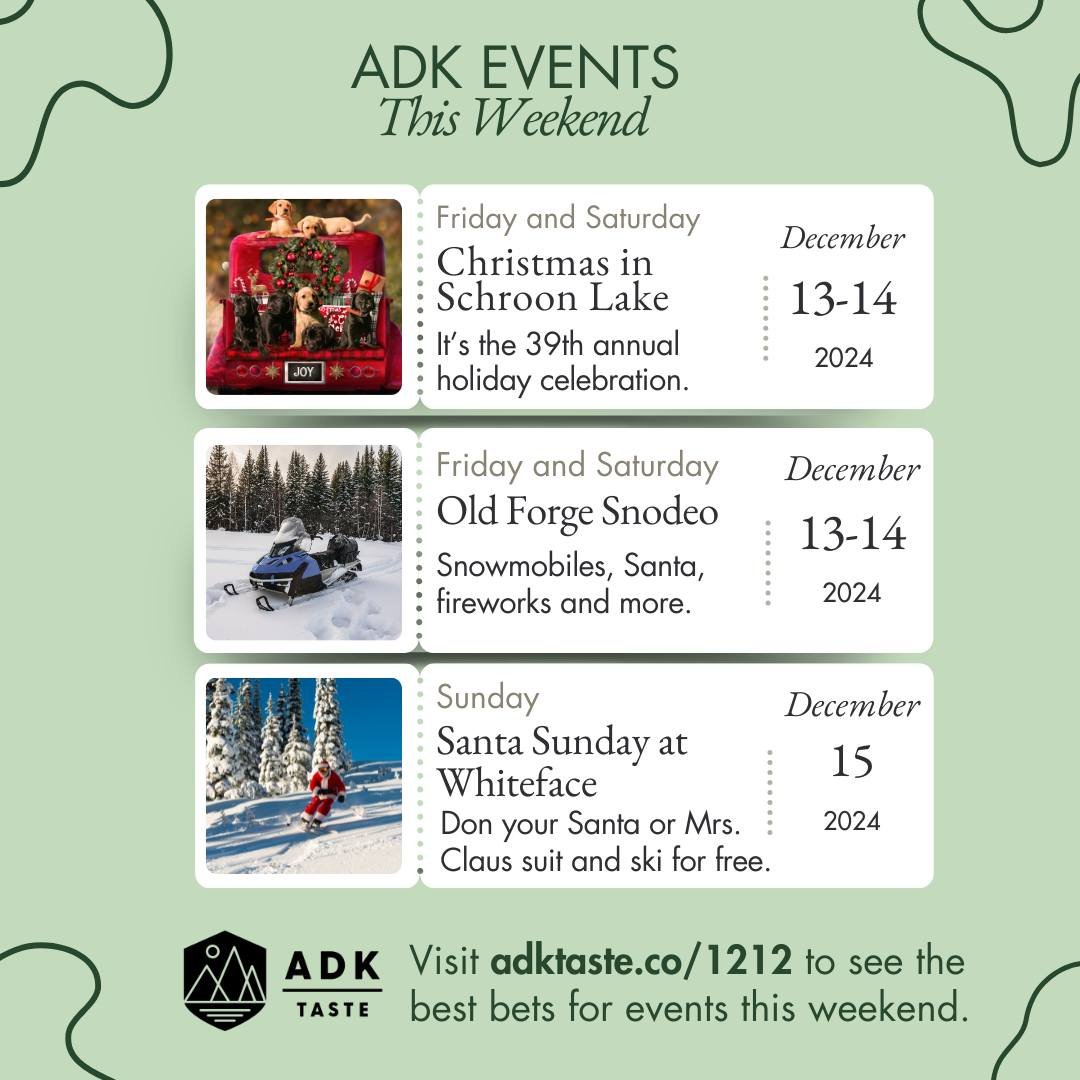 Find the best events in the Adirondacks this weekend -- from Schroon Lake to Lake Placid and Old Forge. See link in bio or visit adktaste.co/1212.
.
.
.
.
.
#adirondacks #travel #upstateny #iloveny #whiteface #schroonlake #snodeo #oldforge #perfectda
