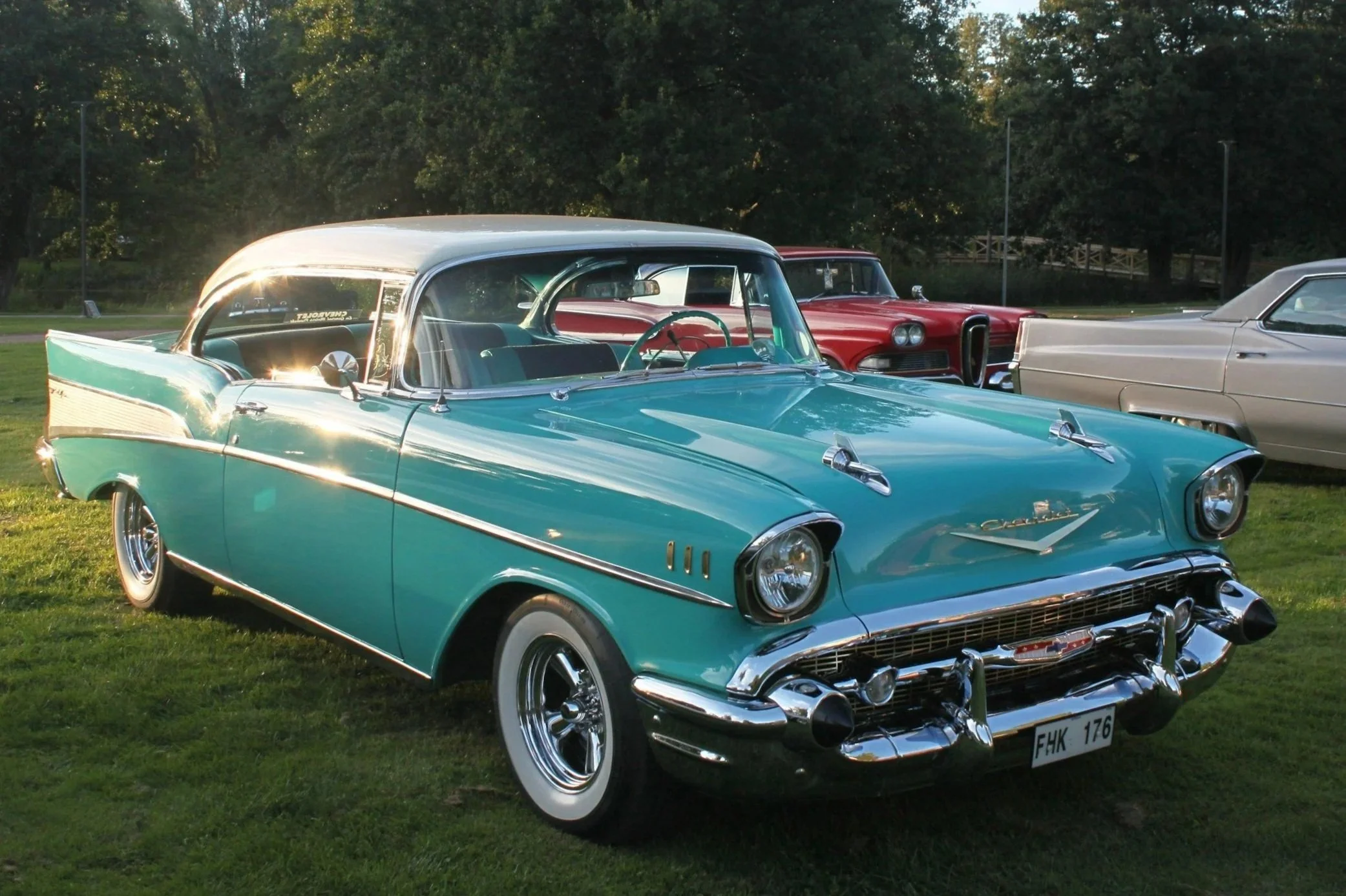 Display of classic cars at a car show.