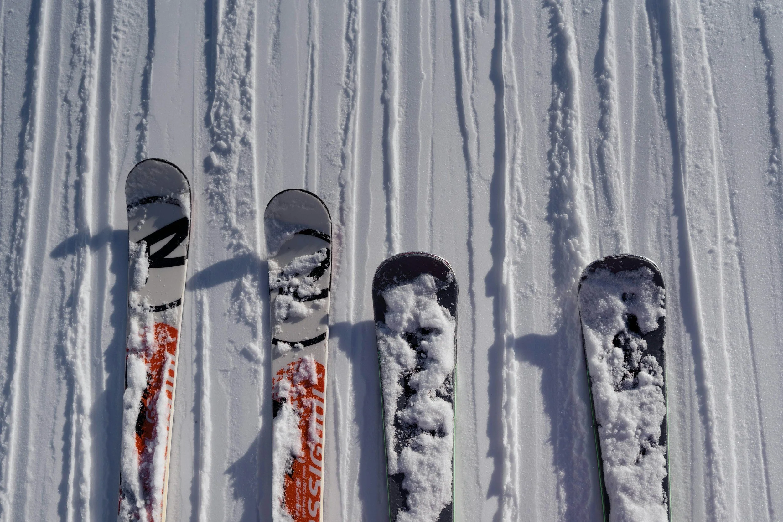 Picture of skis lined up in the snow like those at Gore Mountain