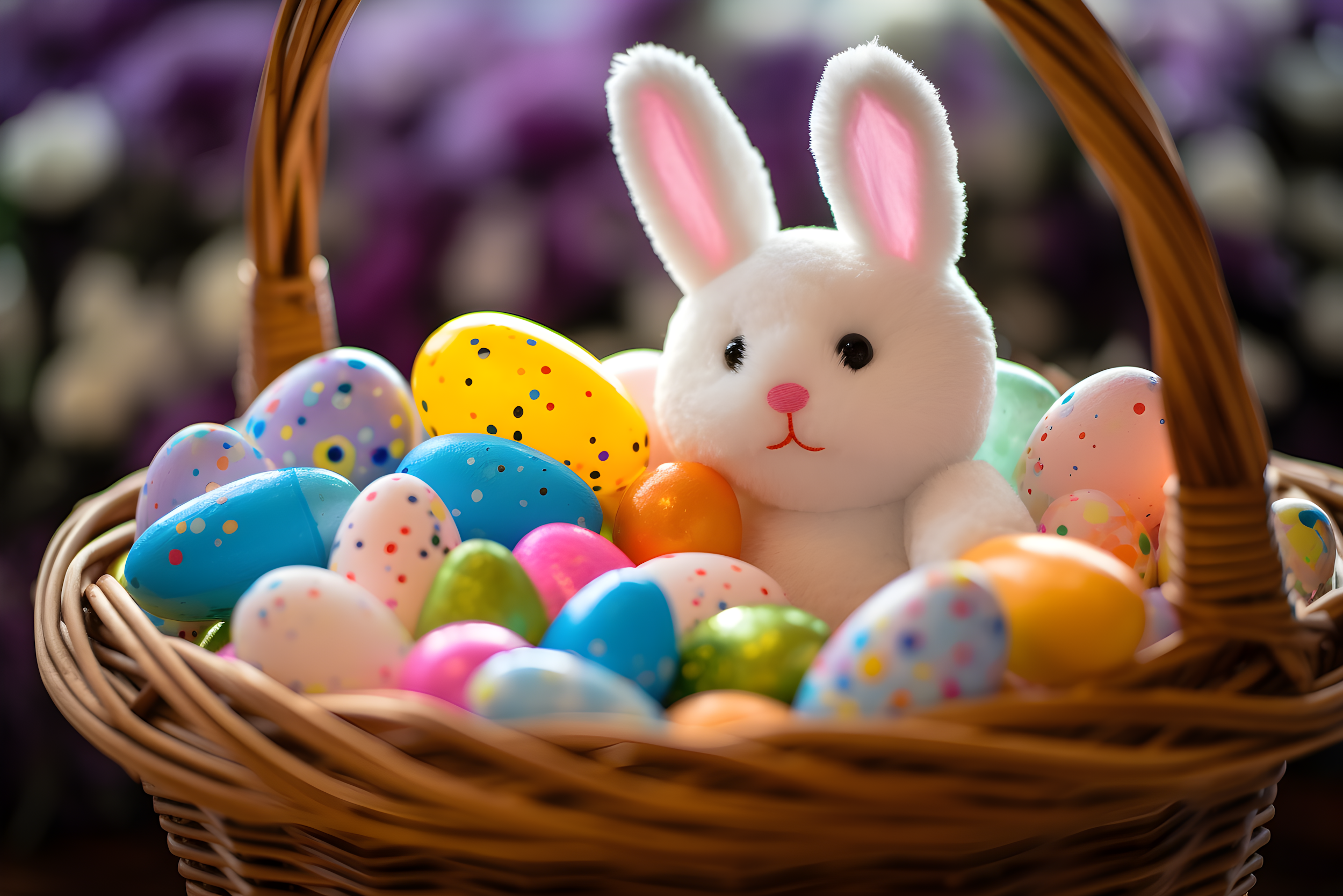 Easter eggs in a basket with a toy bunny at an easter egg hunt.
