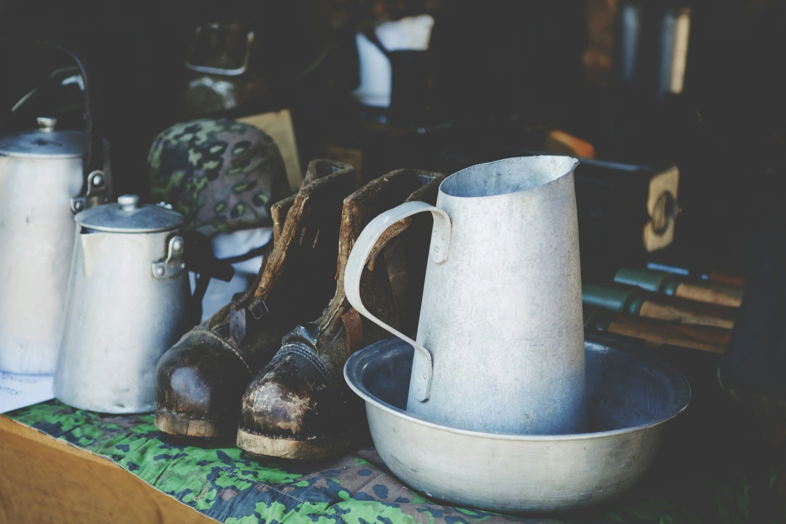 Vintage camping equipment for sale at an Adirondack Garage Sale.