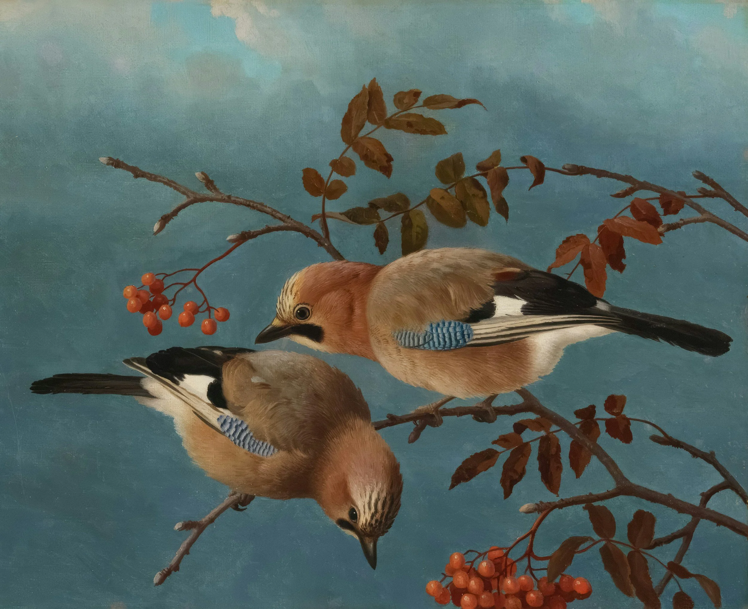 A painting of two birds