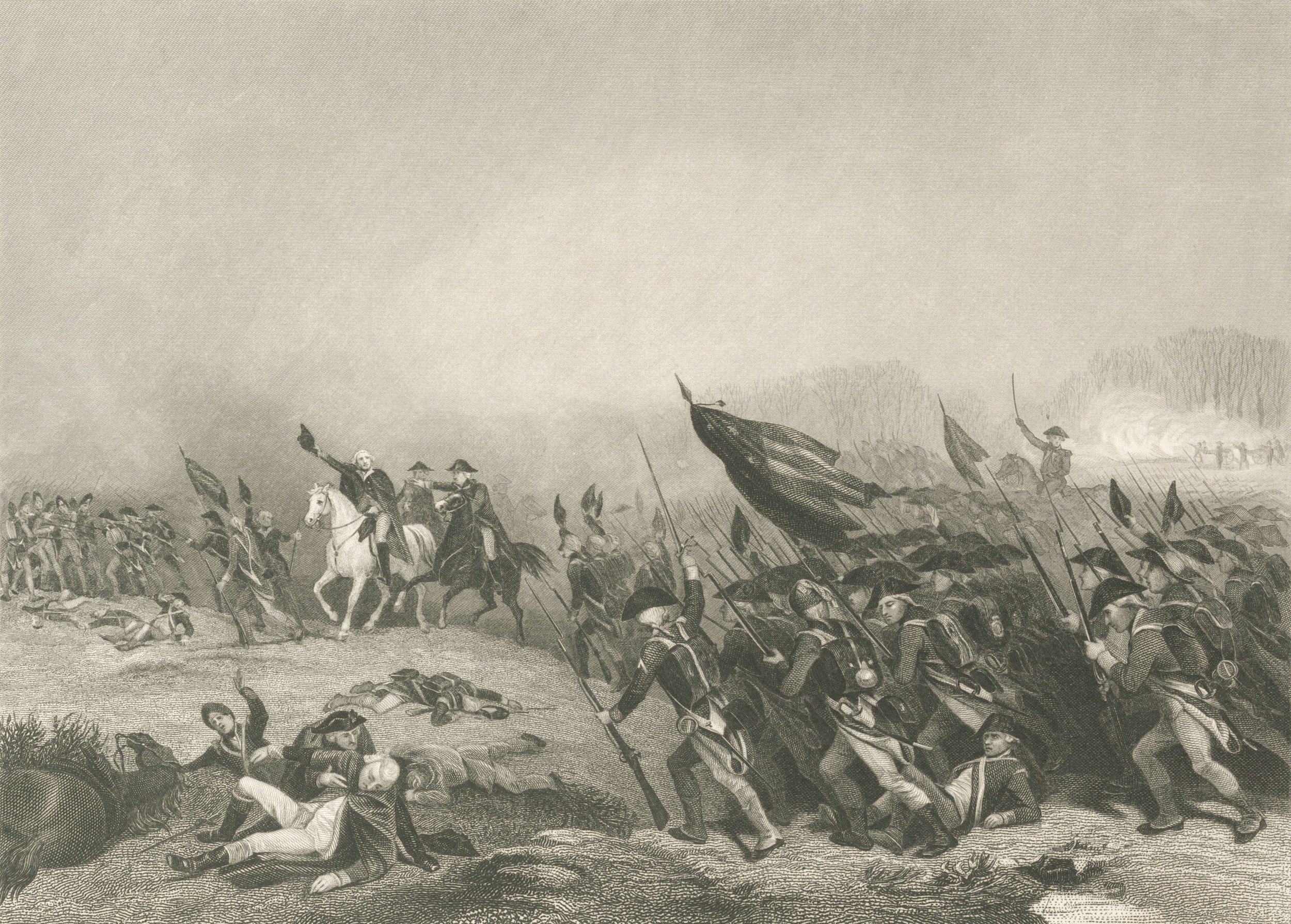 Engraving depicting a battle during the American Revolution.