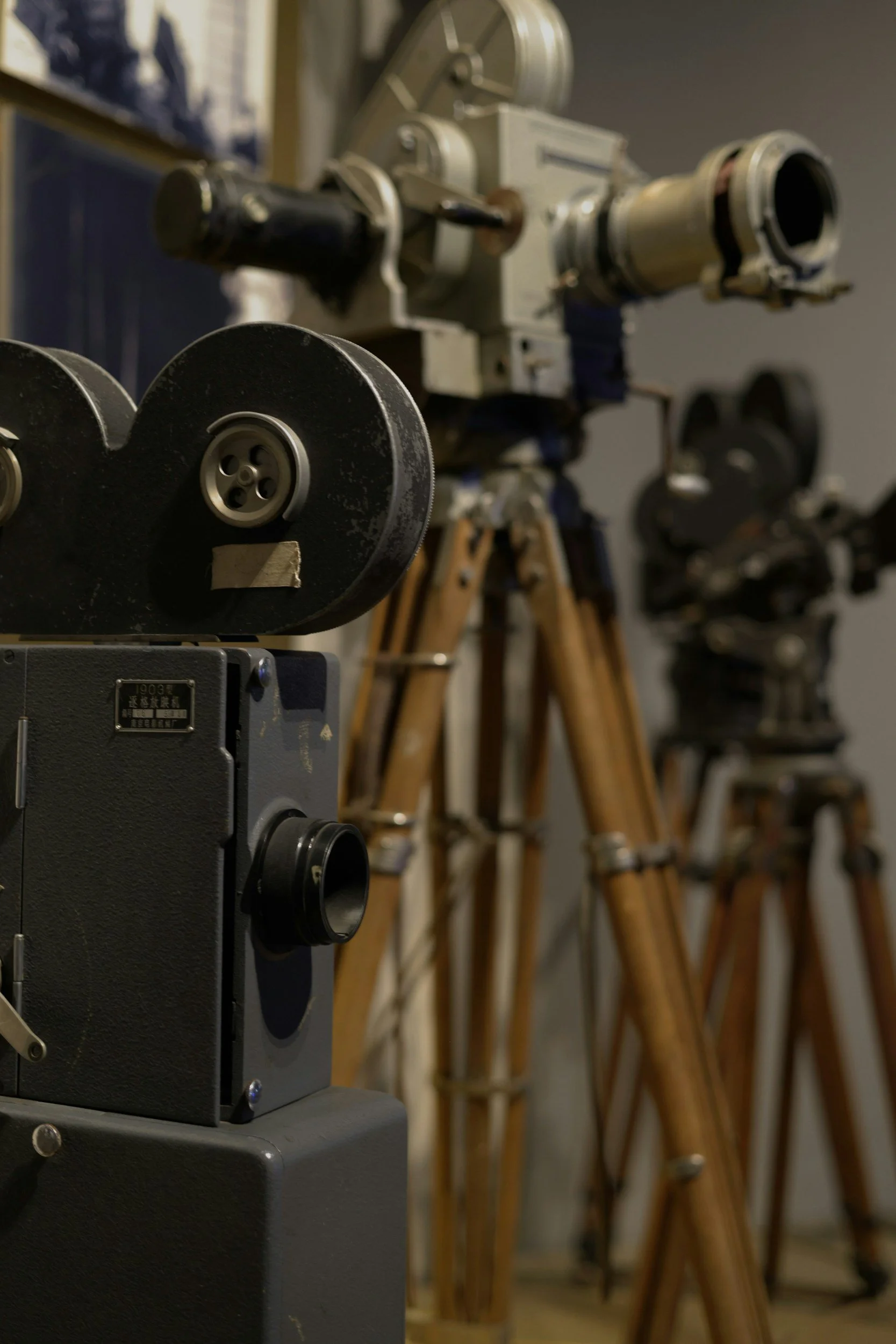The lobby at The Strand Theater in Old Features has a large display of antique cameras and movie-making equipment