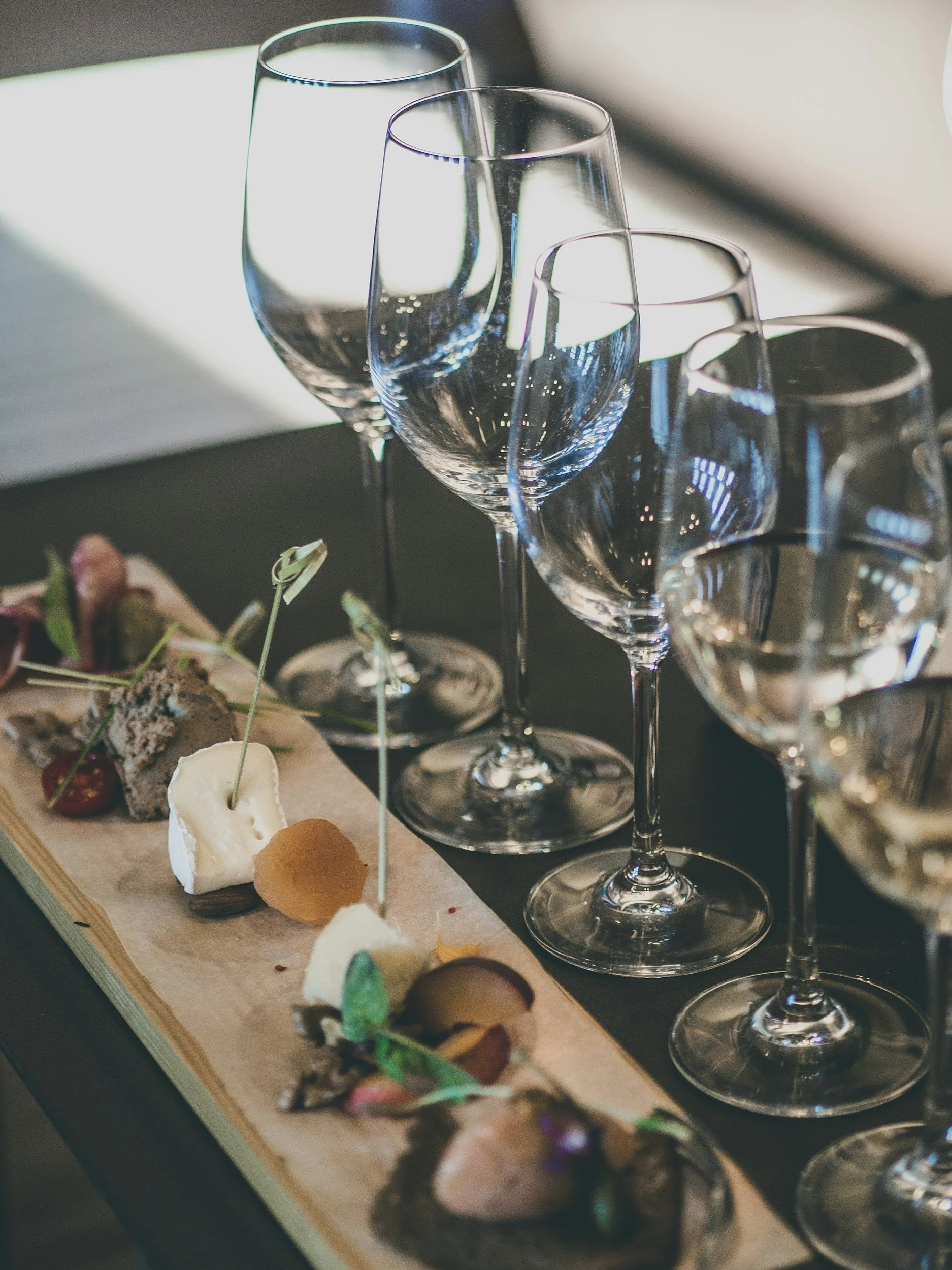 Wine glasses for tasting with appetizers.