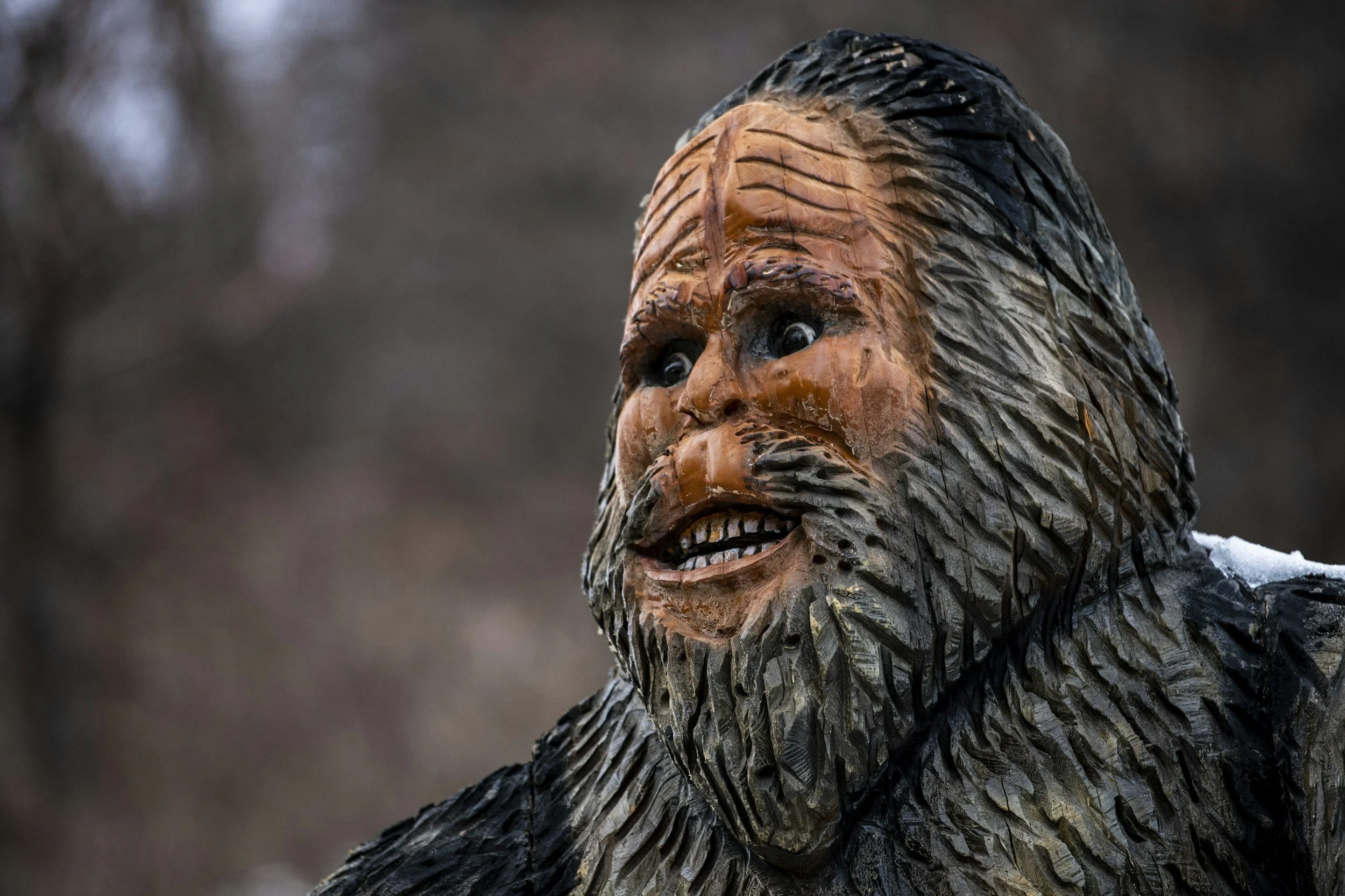 Wooden statue of Bigfoot.
