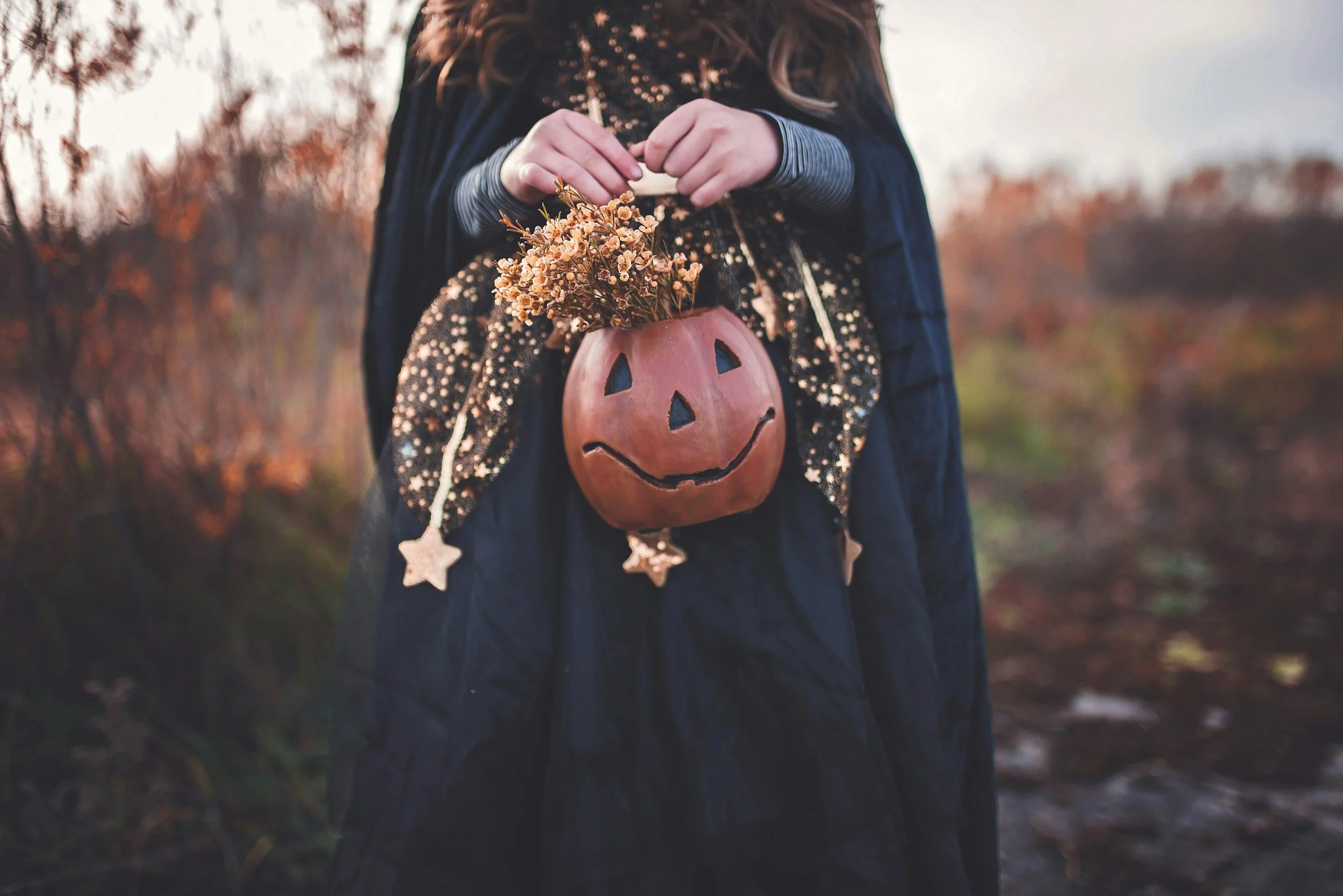 Child in Halloween costume carrying pumpkin.