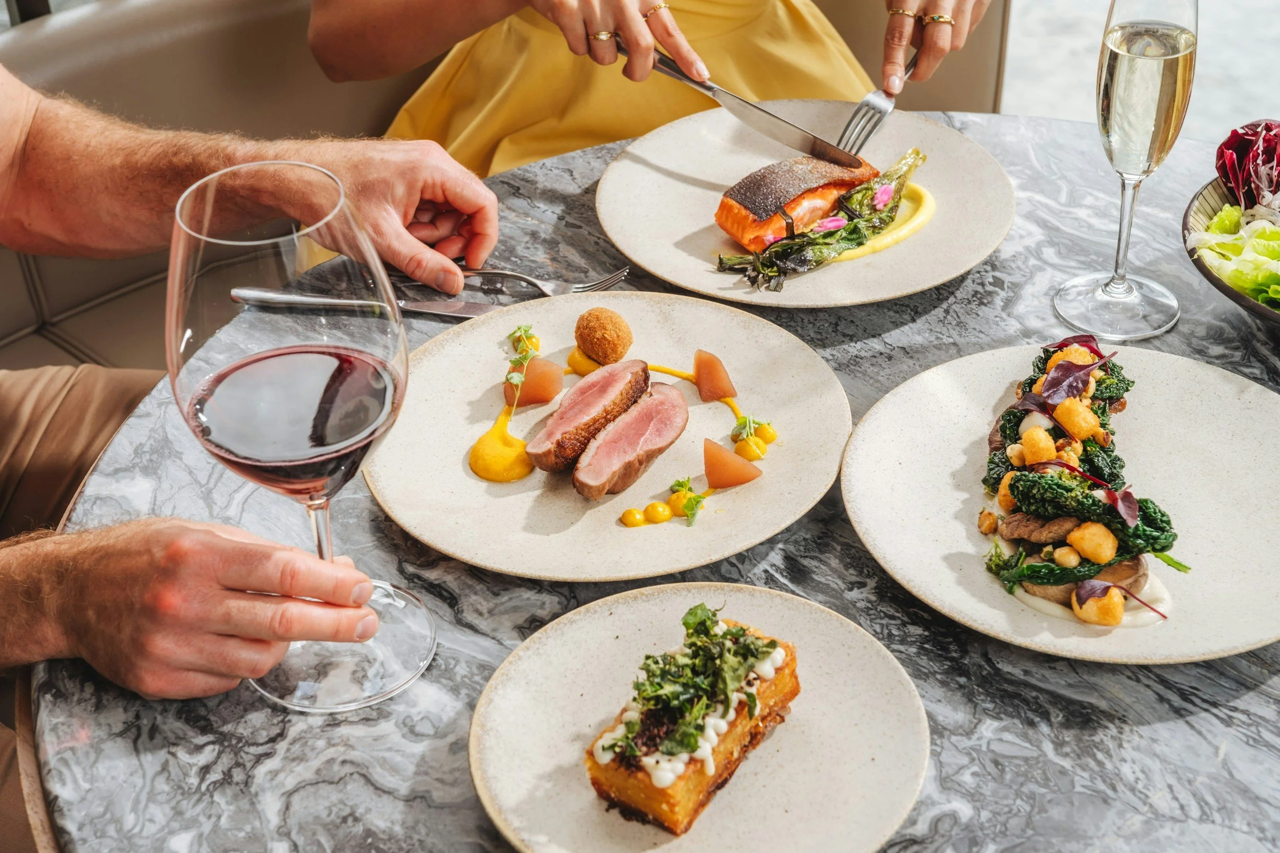 Fine dining with wine and champagne.