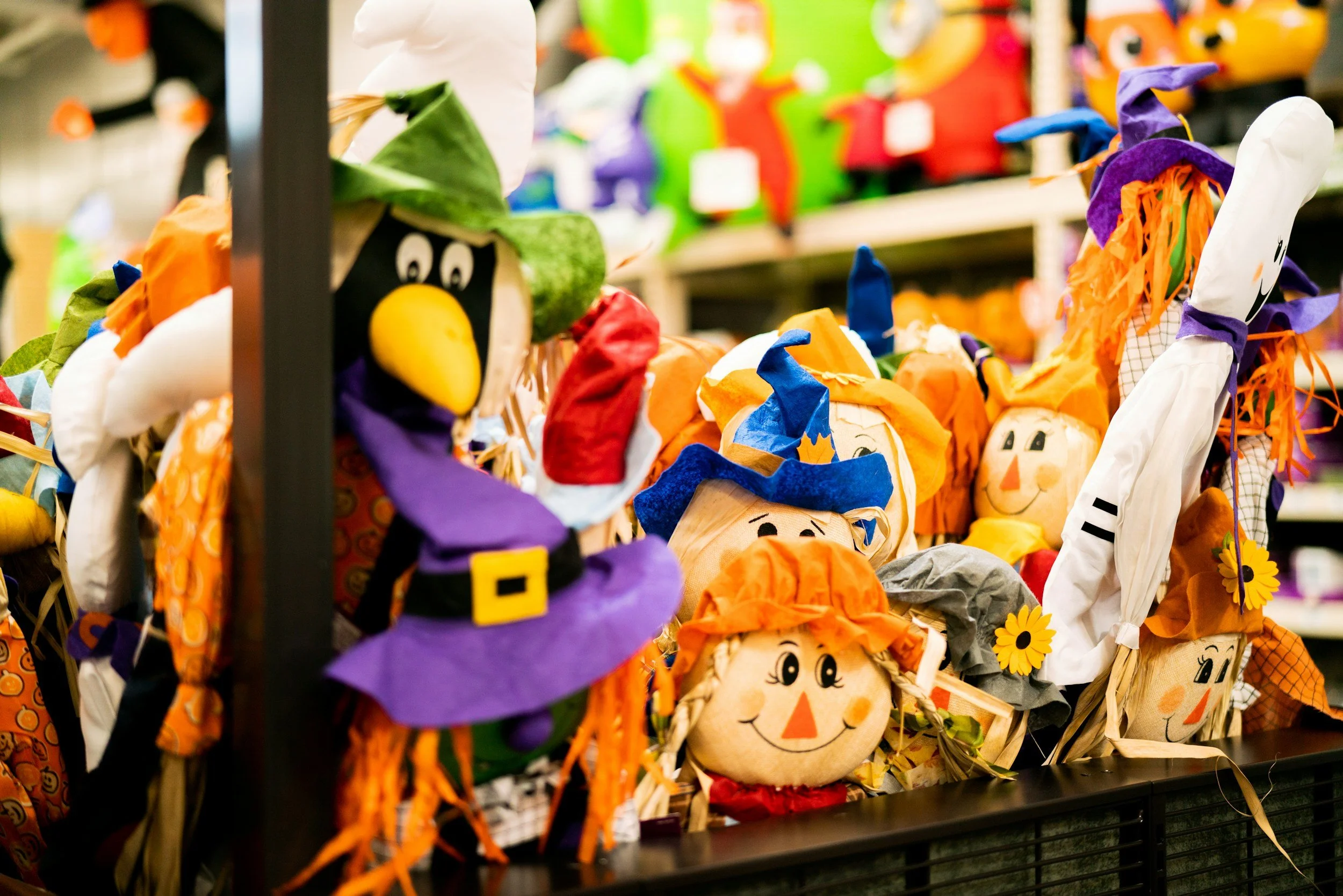 Halloween dolls and toys in a shop.