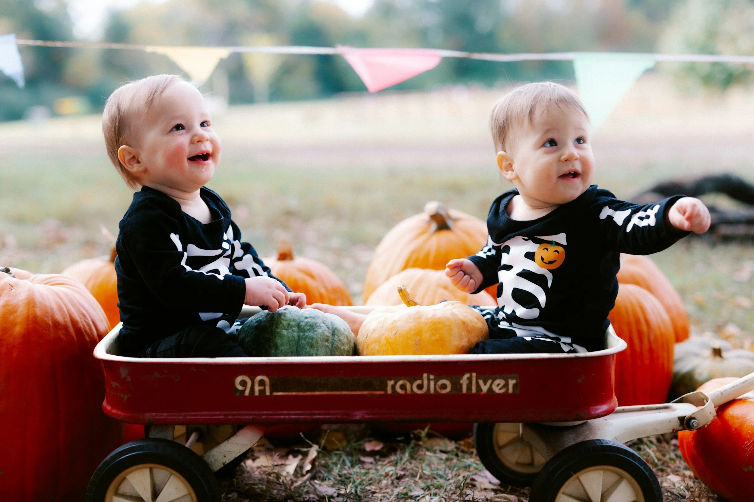 two babies in Halloween costumes being pulled in a wagon.