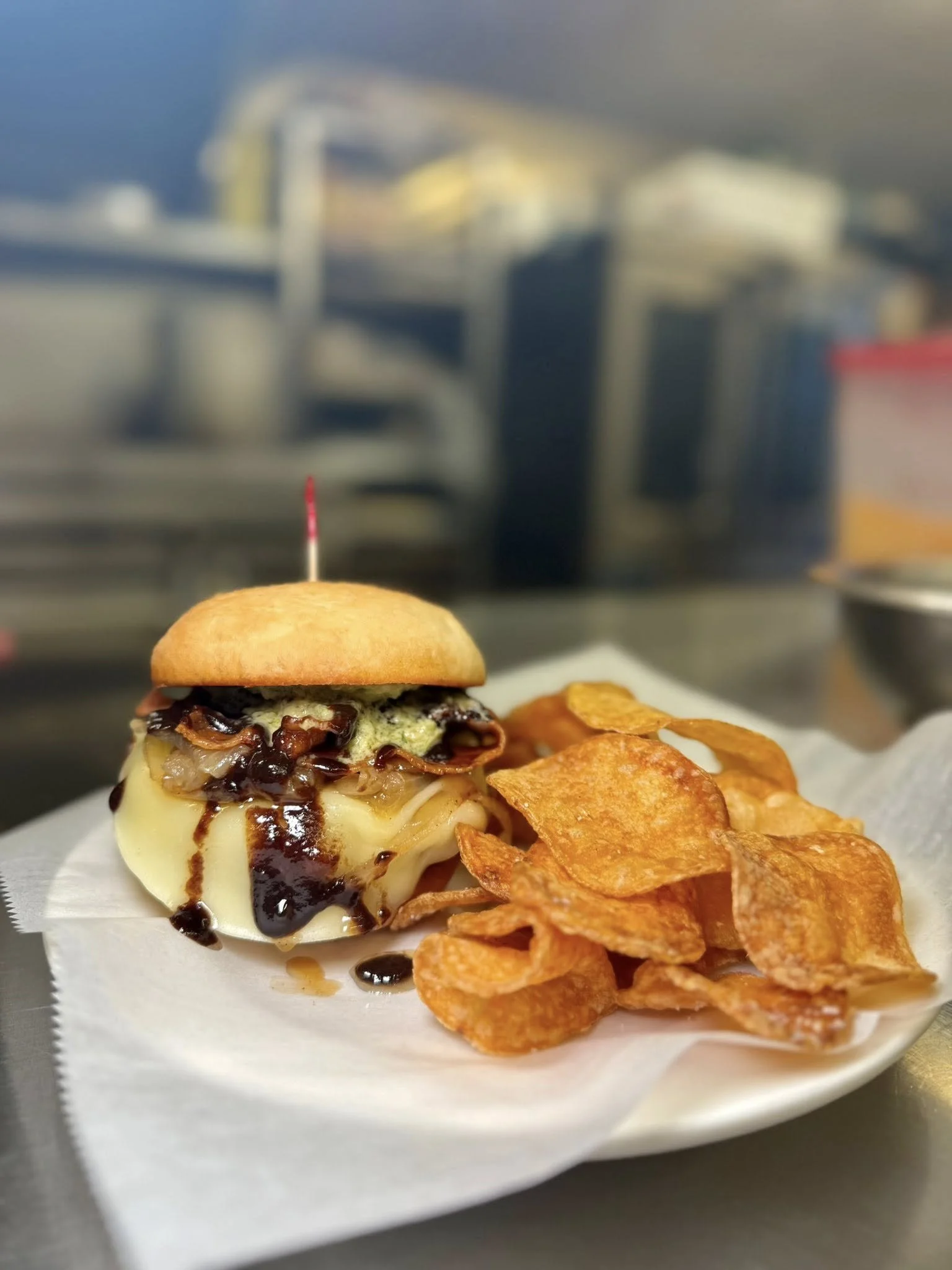 Picture of a gourmet burger from Battle Hill Brewing in Fort Ann.