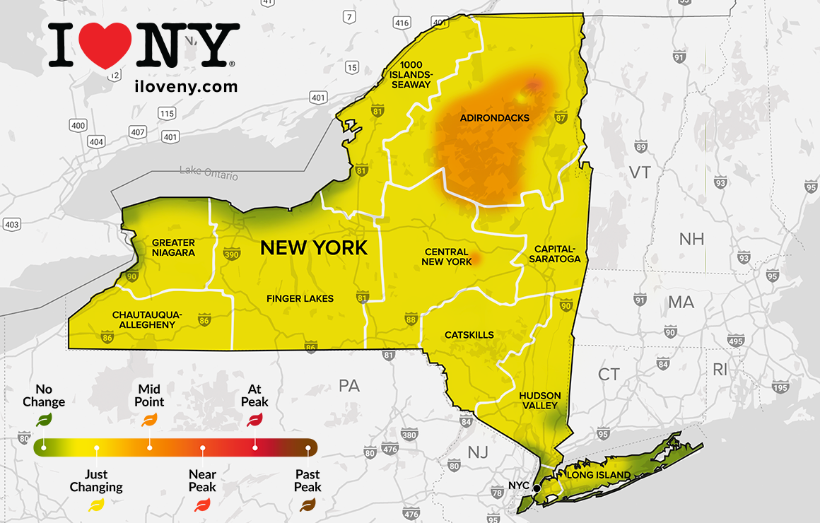 New York State fall foliage map for September 23, 2026 showing increasing fall color across the Adirondacks, with the most advanced foliage in the High Peaks and interior Adirondacks.