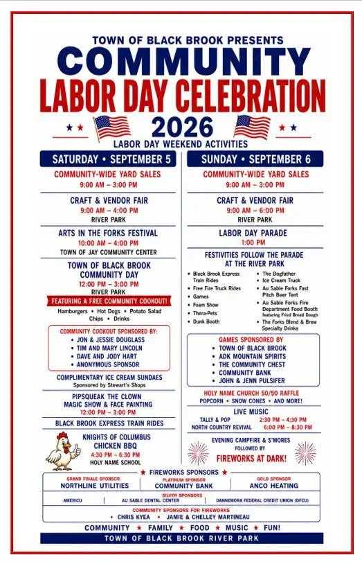 Schedule of events for the Town of Black Brook Labor Day celebration.