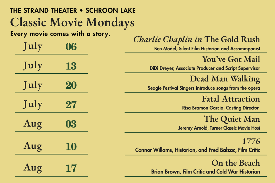 Table showing dates and movies playing at The Strand at Schroon Lake's Classic Movie Mondays.