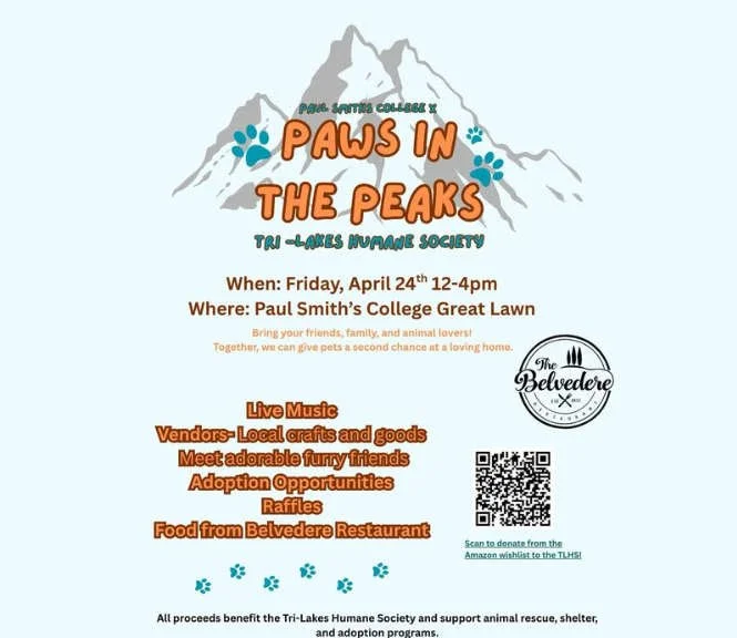 Flyer promoting Paws in the Peaks event at Paul Smith's.