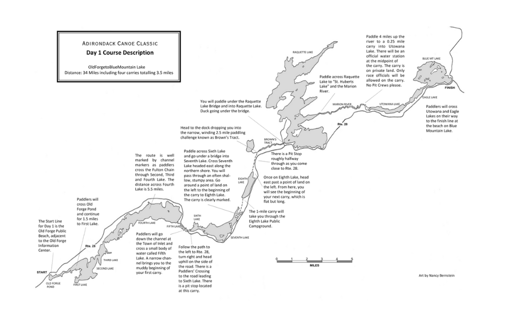 Adirondack Canoe Classic Day 1 course map.