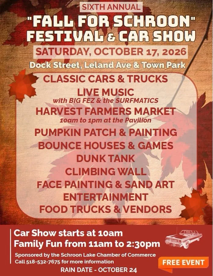 Flyer with details for the Fall For Schroon Lake Festival and Car Show 2026