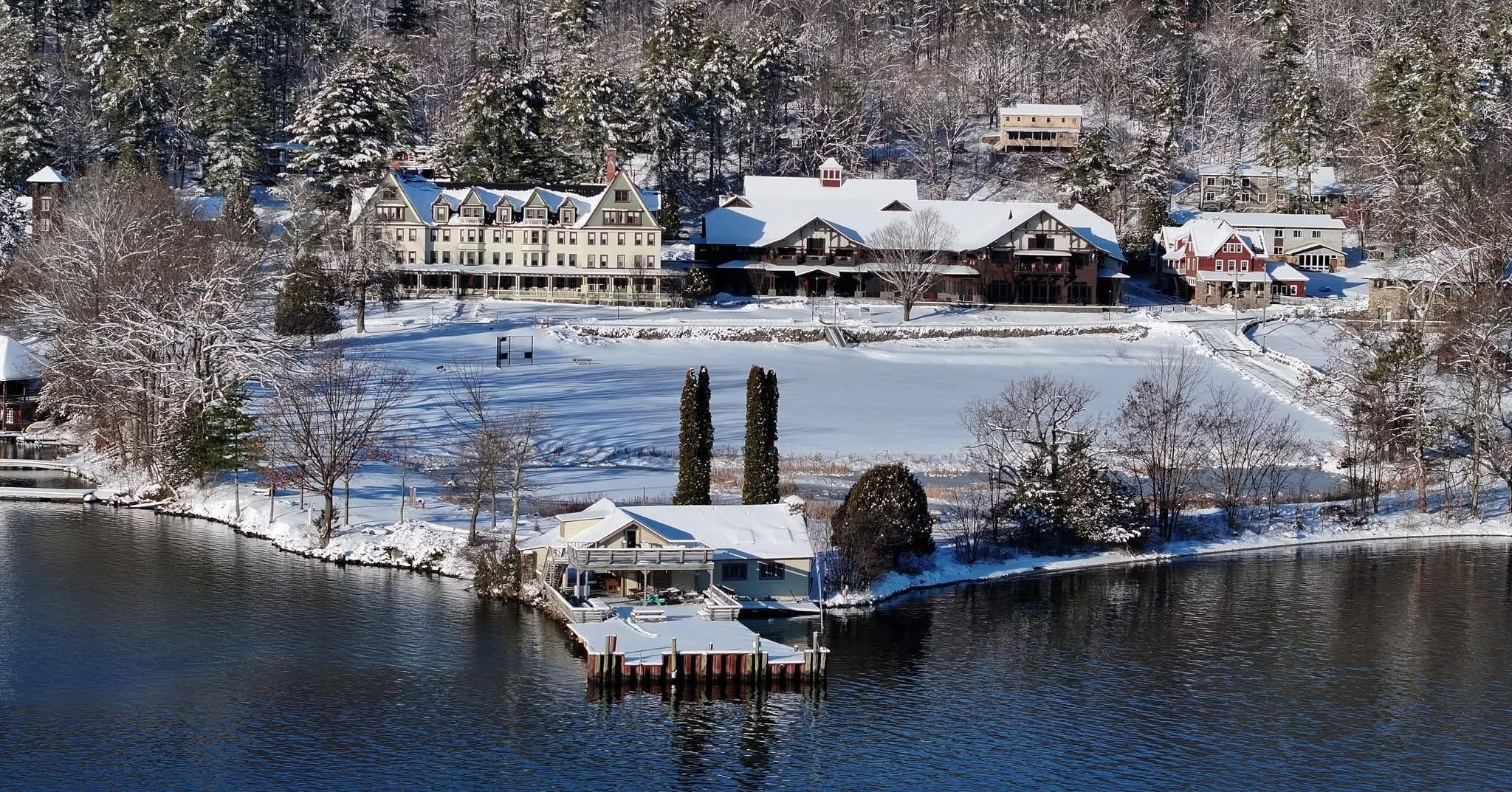 Silver Bay YMCA resort overlooking Lake George in winter.