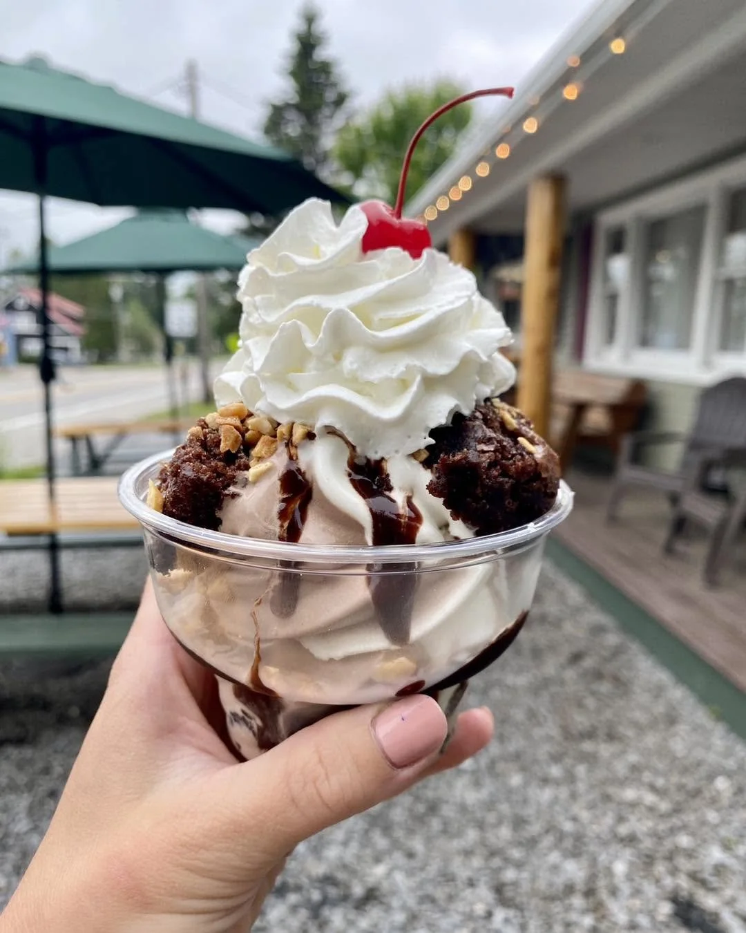 Speculator Creamery's Brownie Sundae with hot fudge and a cherry on top.