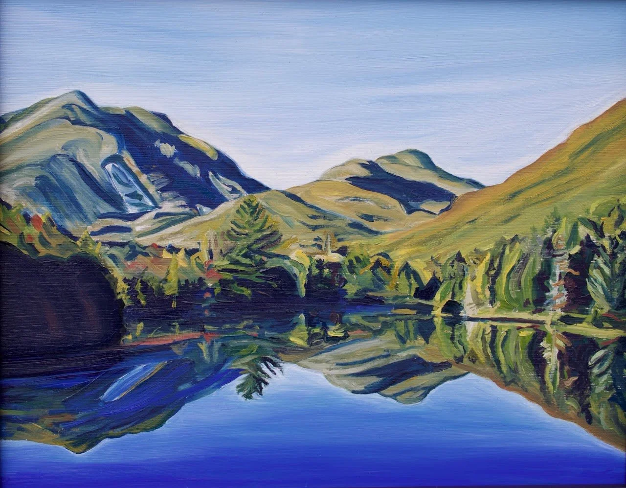 Adirondack lake and mountains in a painting by Deb Kahler.