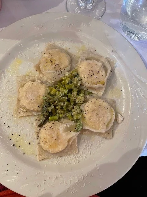 Homemade ravioli with spring asparagus at Dancing Ewe restaurant near Lake George.